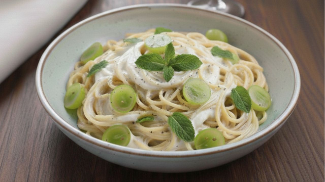 Espaguete ao molho de hortelã com creme de leite e uvas Itália finalizado com folhas de hortelã (Créditos: Gerado por IA)