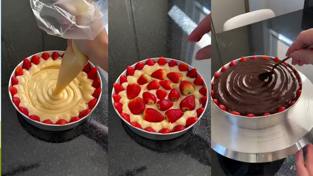 Passo a passo do preparo da torta de morango. (créditos: Reprodução: YouTube Brunna Paulinos)
