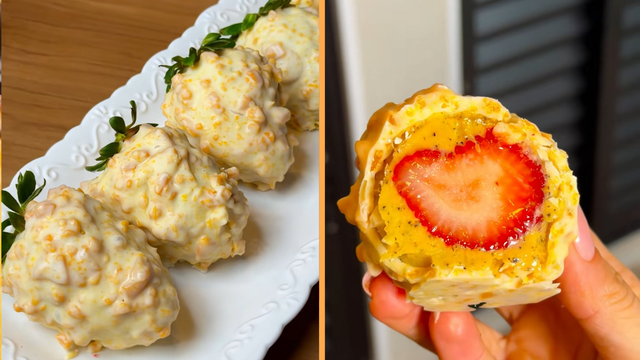 Bombom de morango cravejado com brigadeiro de maracujá: a sobremesa viral ganha uma versão ainda mais gostosa e crocante