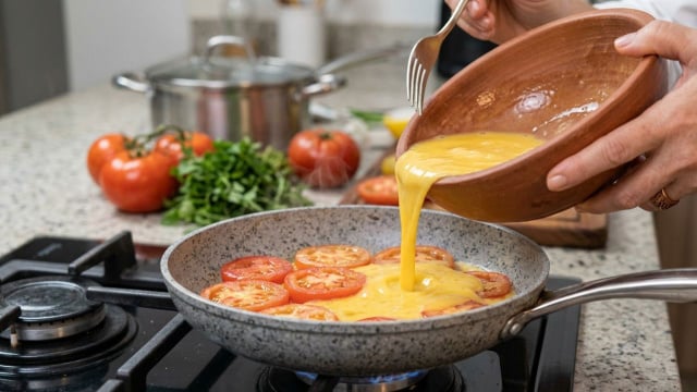 Fritar os tomates antes de colocar os ovos na frigideira fazem toda a diferença nessa receita (Créditos: Imagem gerada com IA)