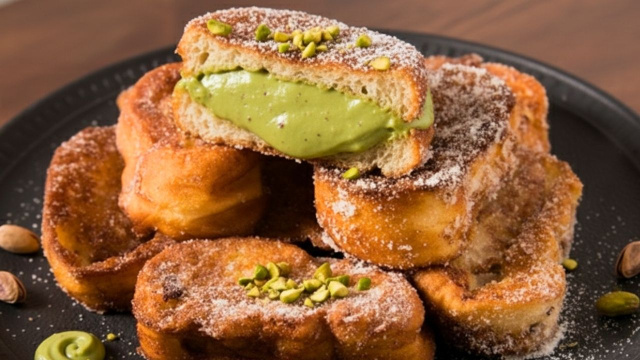 Fatias de rabanada com recheio de pistache crocantes por fora e cremosas por dentro empilhadas em um prato (Créditos: Gerado por IA)