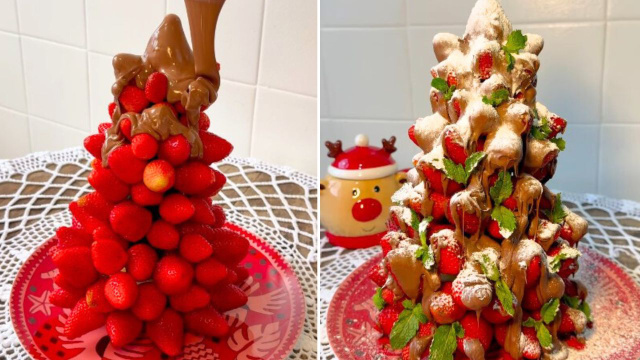 Essa árvore de Natal de morango e chocolate é a melhor decoração para a ceia: tão saborosa que acaba rápido e não tem nem que desmontar!