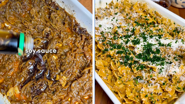 É só misturar tudo na travessa: macarrão de cebola caramelizada com alho, uma receita cremosa irresistível para um almoço rápido!