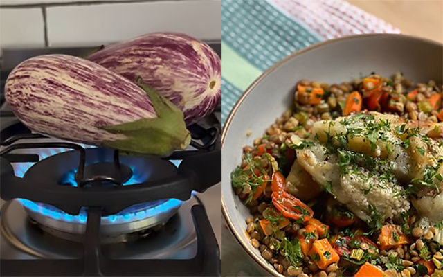 Salada morna de lentilha com vegetais assados e berinjela queimada na chama, fica colorida e cheia de sabor!