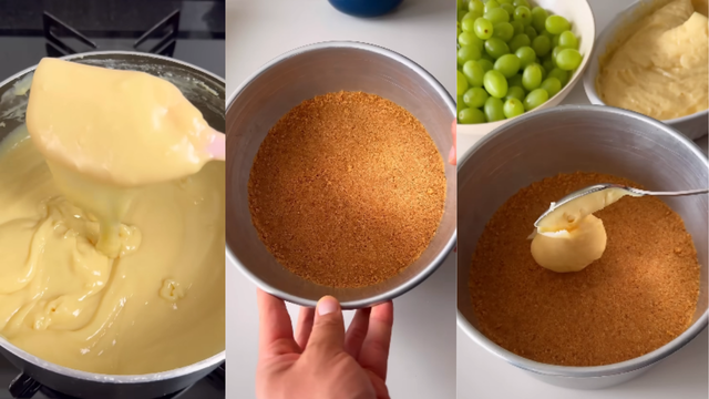 O ponto do recheio, os biscoitos no fundo da forma e o recheio por cima da base. (Créditos: Igor Rocha/ reprodução YouTube)