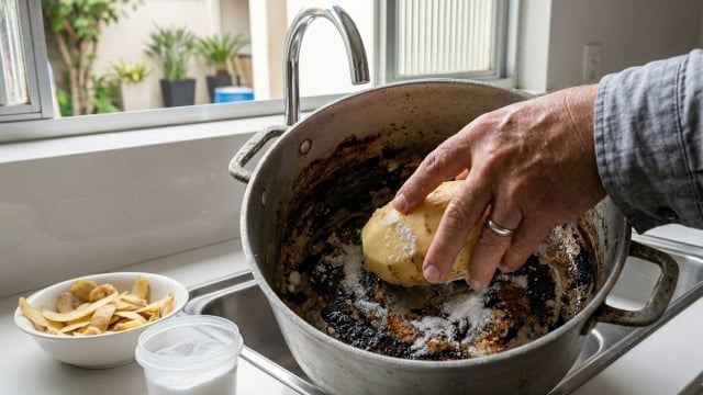 O uso da batata com bicarbonato deve ser feito logo após o uso da panela, assim o efeito é mais eficiente (Créditos: Imagem gerada com IA)