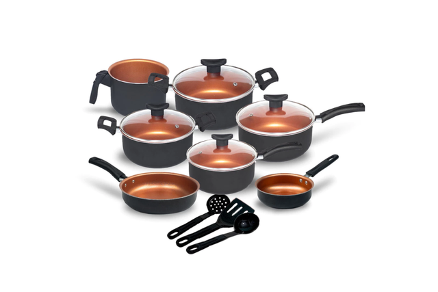 O jogo de panelas antiaderente 10 peças da Shopee é a solução completa para sua cozinha (Reprodução: Shopee).