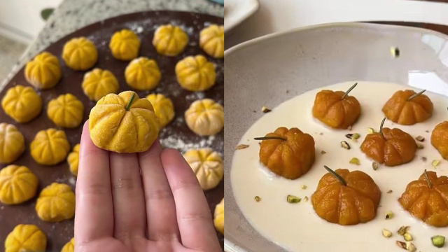Achei o prato de Halloween que vou fazer esse ano: nhoque de abóbora com batata em formato de mini abóboras muito fofas ao molho branco com pistache torrado