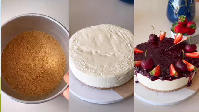 Passo a passo do preparo da cheesecake de frutas vermelhas. (créditos: Reprodução/Youtube Igor Rocha)
