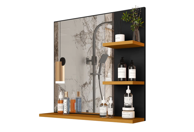 Espelho com prateleiras de madeira que alia funcionalidade e charme para o ambiente (Divulgação: Shopee).