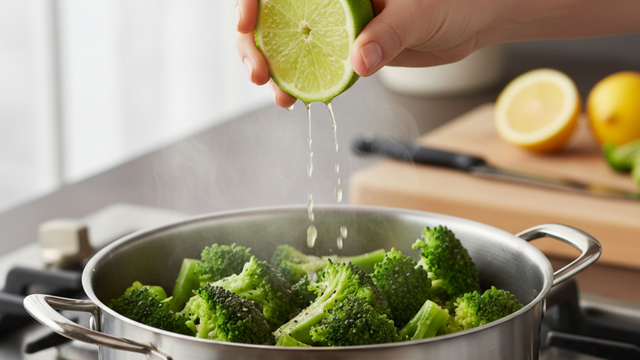 Por que é recomendado adicionar limão à água ao cozinhar brócolis, e como isso é feito?
