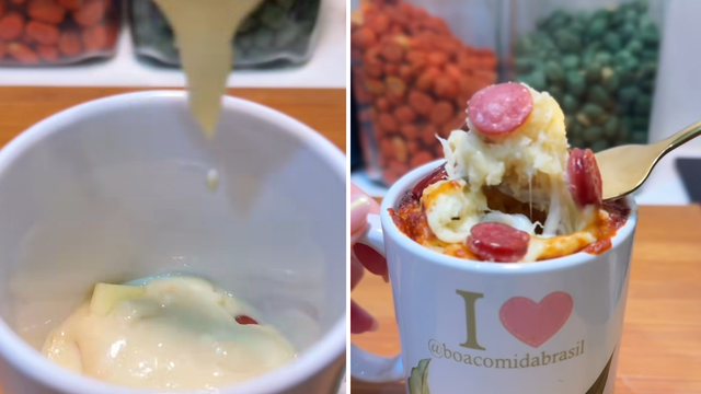Rápida, saborosa e sem sujeira: torta salgada de caneca feita em 5 minutos no micro-ondas