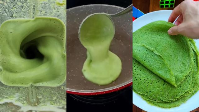 Panqueca verde SEM GLÚTEN e SEM LACTOSE: é só bater tudo no liquidificador e fica pronta em menos de 1 minuto na frigideira