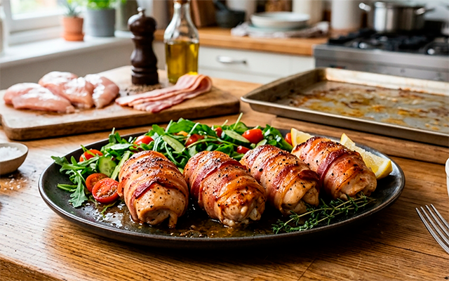 Sempre faço esse prato simples para o jantar: suculentos rolinhos de frango envoltos em bacon crocante (assados ​​no forno!)