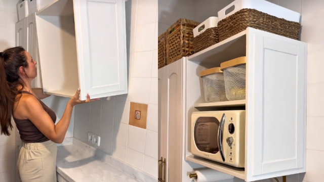 Modernize a sua cozinha com esse móvel para o micro-ondas! (Créditos: withbrushandpaper/ reprodução TikTok)