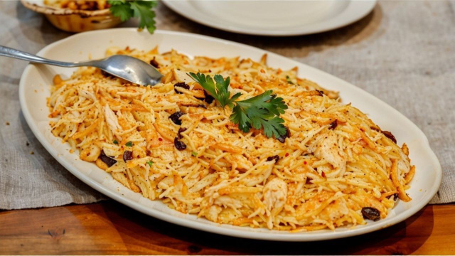 Salpicão de frango desfiado simples e cremoso com uvas-passas servido em travessa (Créditos: TudoGostoso)