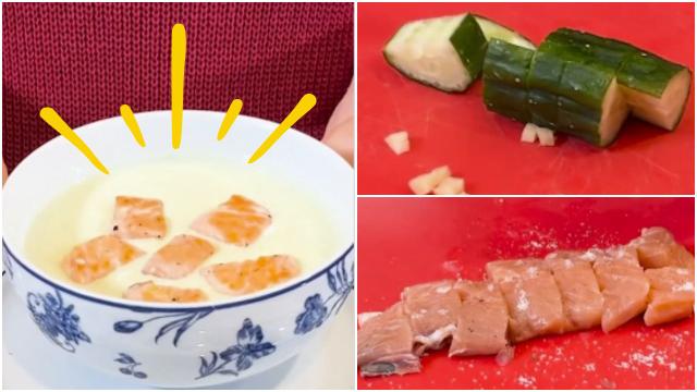 Que tal um jantar diferente e saudável? Essa sopa fria de couve-flor com pepino e salmão vai te surpreender!