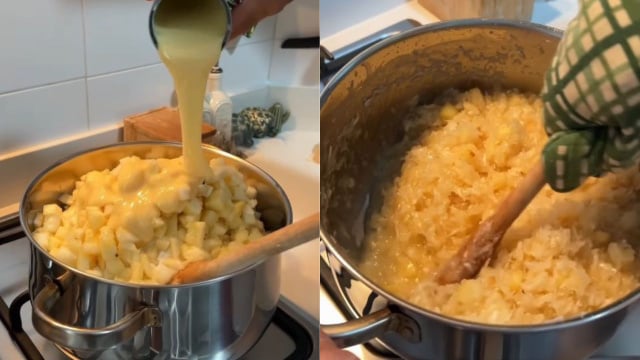 É preciso mexer a cocada sem parar na panela até o líquido secar e ficar cremoso (Créditos: Reprodução/@jucenha/Instagram)