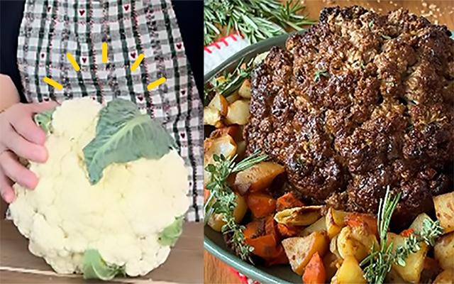 Parece peru de Natal, mas é uma couve-flor assada com molho de cogumelos para servir como prato principal, aprenda a receita vegana!