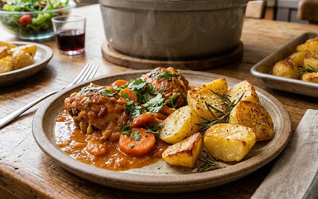 Frango ensopadinho com batatas assadas: o jantar delicioso e prático para toda a família