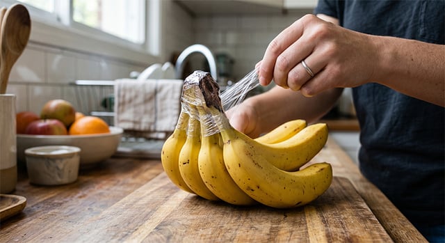 Com um simples pedaço de papel-filme, você pode conservar bananas por muito mais tempo do que imagina