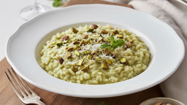Risoto de pistache cremoso com queijo ralado e pedaços de pistache por cima (Créditos: Gerado por IA)