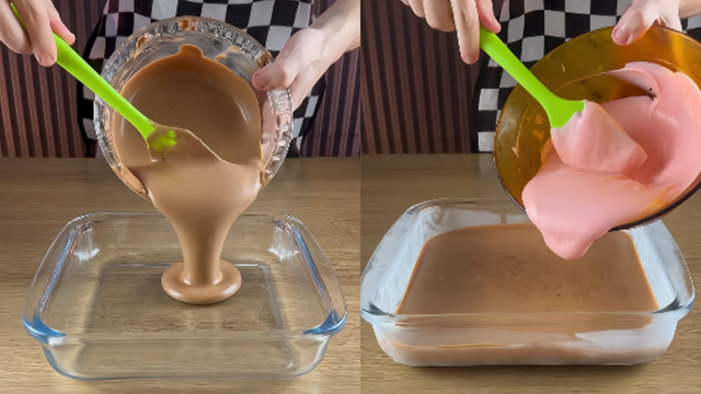 As camadas de chocolate e de morango do mousse. (Créditos: @cozinheirotommy/ reprodução Youtube)