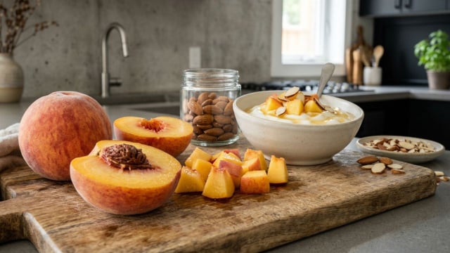 Pêssego é uma ótima fruta para o verão, rica em água e nutrientes (Créditos: Imagem gerada com IA)