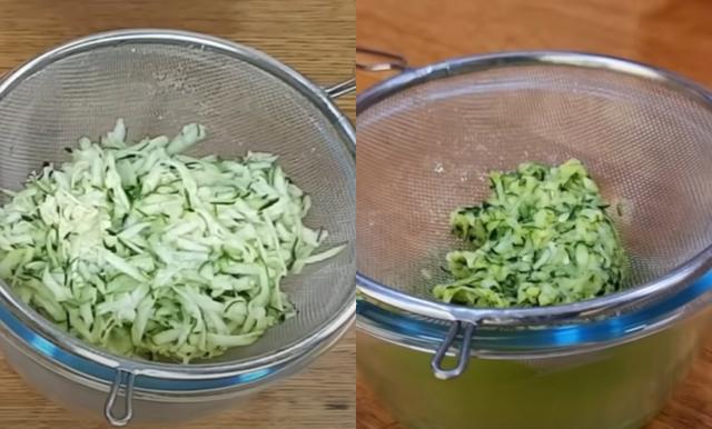 Abobrinha antes e depois de colocar o sal e aguardar cerca de 10 minutos (Reprodução Youtube)
