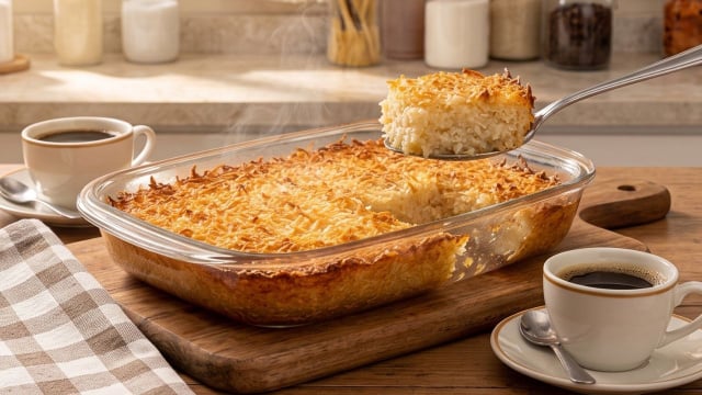 Cocada de forno bem quentinha servida em travessa com fatia cortada (Créditos: Gerado por IA)