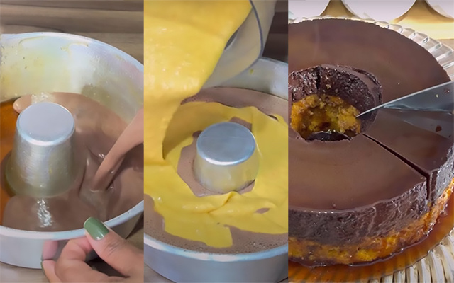 Bolo pudim dos deuses de cenoura com chocolate assado em banho-maria é a sobremesa preferida da minha filha, ainda bem que é fácil de fazer!
