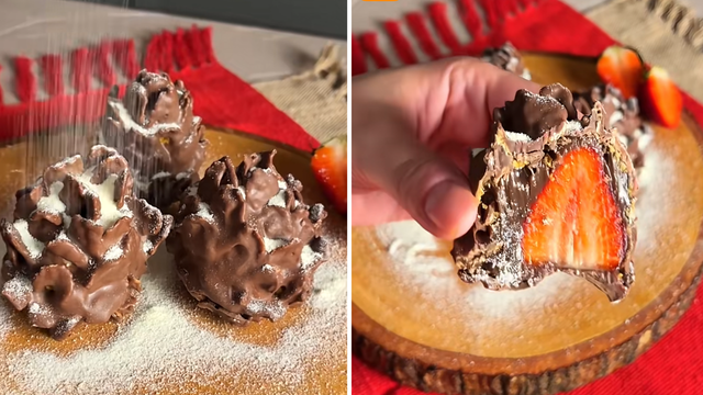 Adeus morango do amor: a pinha de chocolate com morango é o doce crocante perfeito para usar de decoração (e se deliciar!) no Natal