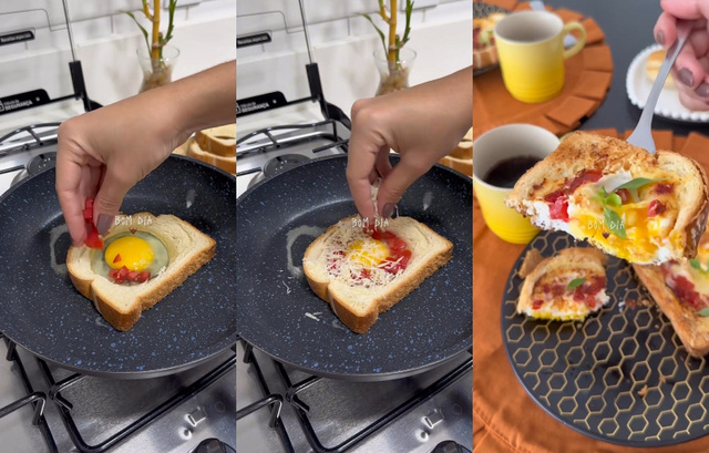 Etapas para o pão com recheio de ovo com tomate e parmesão (Reprodução: @correa.lores)
