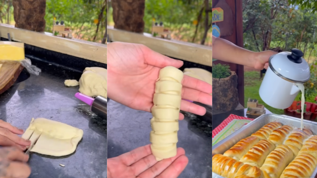 Depois de montar o enroladinho, deixe a massa descansar por um tempo antes de levar ao forno (Créditos: Reprodução / YouTube @Danicozinhapratica)