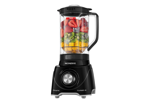 Liquidificador Mondial Pratic Turbo III, versátil e resistente, ideal para preparo rápido de bebidas e massas leves (Divulgação: Mercado Livre).