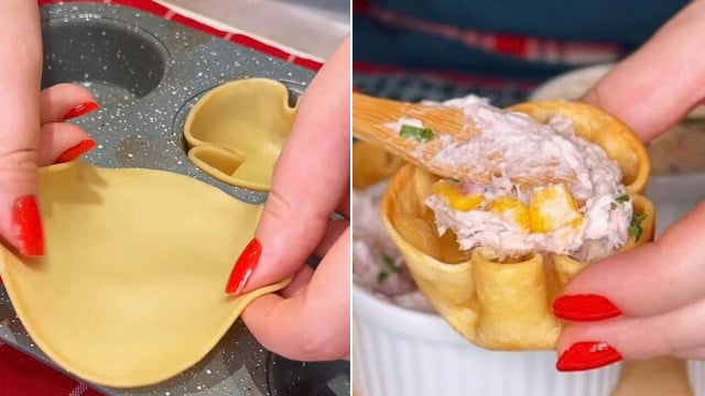 Você pode rechear as cestinhas de massa de pastel como quiser! (Reprodução/@saopauloparadois/Instagram)