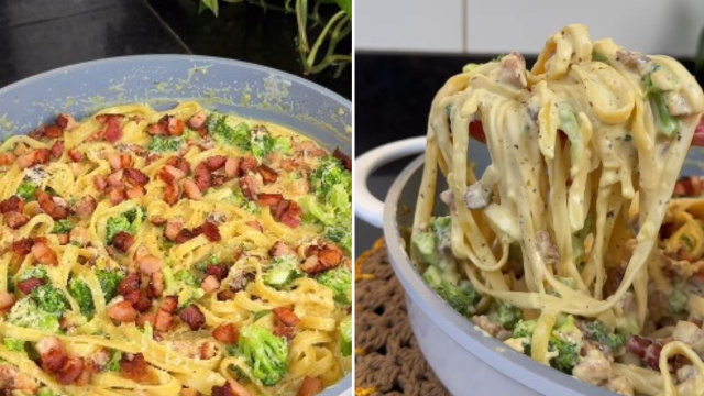 Eu parei tudo o que estava fazendo quando vi essa receita, tive que testar: macarrão cremoso de brócolis com bacon