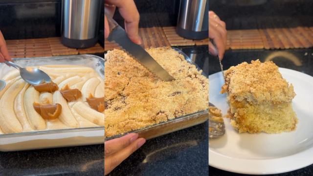 Receita de cuca de banana com doce de leite na travessa de comer rezando