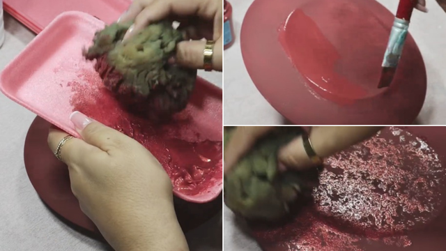 Use uma esponja marinha para fazer o efeito da pátina no prato; basta aplicar a tinta com batidas (Reprodução Instagram)