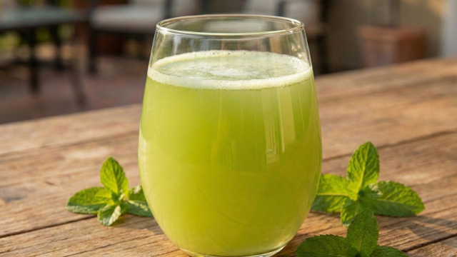 Suco de limão suíço feito da fruta com a casca com ramos de hortelã ao seu redor (Créditos: Gerado por IA)