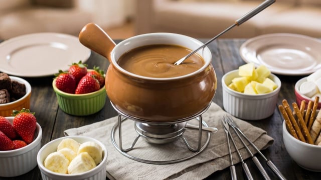 Fondue de doce de leite com sabor marcante e frutas, queijo e petiscos para acompanhar (Créditos: Gerado por IA)