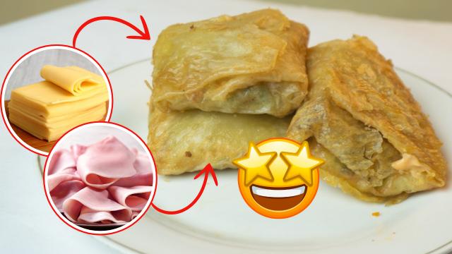 Crepe frito recheado com presunto e queijo que todo mundo gosta: detalhe importante ao servir para que fiquem crocantes