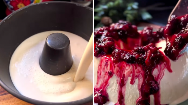 Você só precisa bater todos os ingredientes no liquidificador e levar ao congelador para fazer esse bolo de sorvete delicioso (com calda de frutas vermelhas fica divino!)