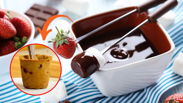 Fondue de chocolate quentinho no frio já é bom, com essa tigela de cookie no lugar da panela fica ainda melhor, é para comer até o pote!