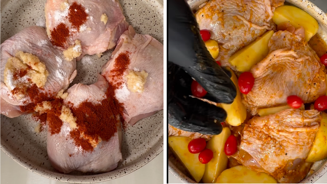 Sobrecoxa de frango assada com temperos naturais e tomates para o almoço de domingo. (Foto: reprodução @rafulltorres no Instagram)