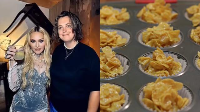 Madonna e Pia Hambour posam juntas; ao lado, a sobremesa favorita de Madonna, os biscoitos de flocos de milho (Foto: Reprodução Youtube 9Now/In The Kitchen With Matt) 