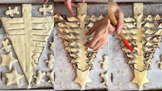 Depois de desenhar a árvore, é só torcer os galhos, pincelar a massa com ovo e levar para assar (Créditos: Reprodução/@tpmjuferraz/TikTok)