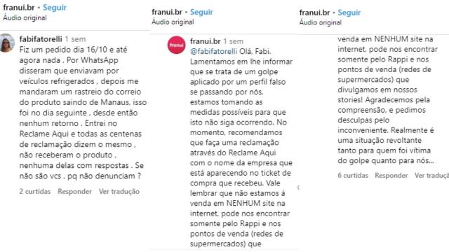 Marca Franui explica responde cliente no Instagram sobre golpe e explica onde comprar os produtos (Créditos: Reprodução/Instagram)