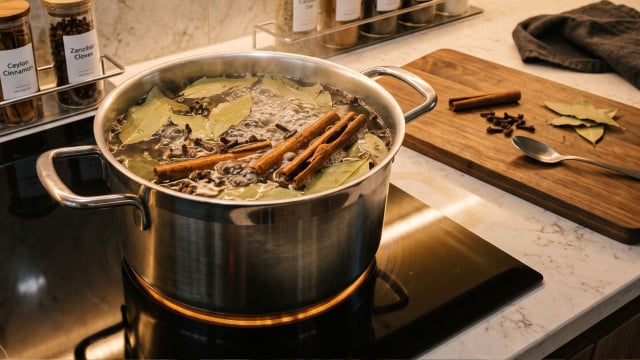 Ferver folhas de louro, canela em pau e cravo da índia (Créditos: Gerado por IA)