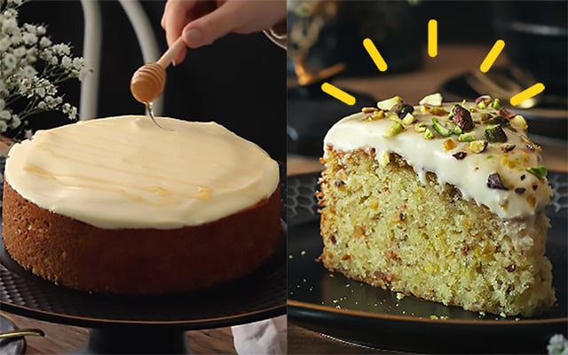 Um pedaço desse bolo te faz até ouvir música: tem pistache, limão, uma cobertura cremosa com mel e um sabor elegante e surpreendente